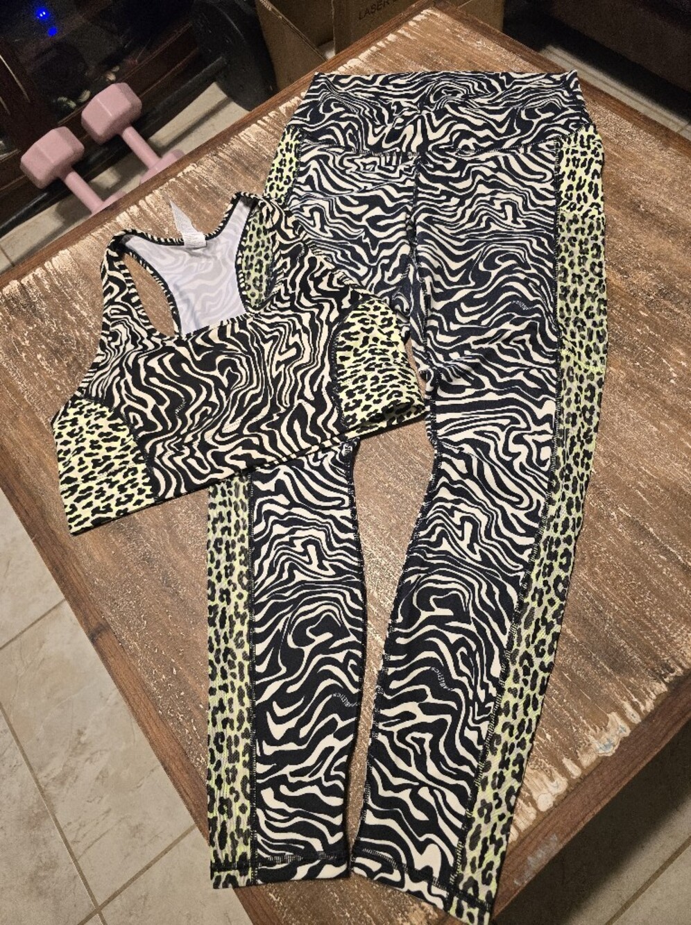 Fabletics Neon Green and Black Animal Print Leggings & Sports Bra Set
